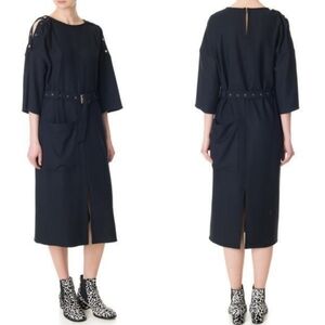 Tibi Owen Twill Meryl Adjustable Belted Midi Dress